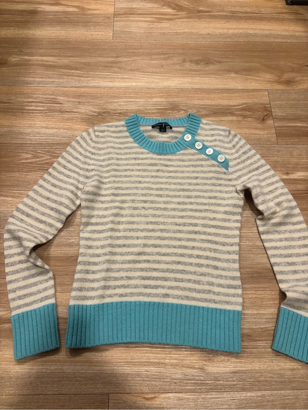 Striped Cream and Aqua Button-Accent Women's Sweater size small